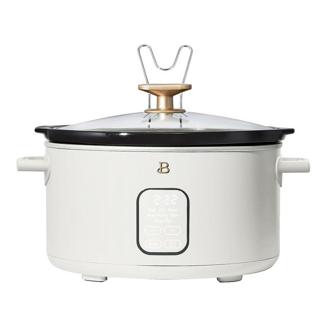 6 Quart Programmable Slow Cooker with 24-Hour Timer & Auto Warm, 5 Presets for Meat Poultry Stew Soup Chili, Dishwasher Safe Ceramic Pot & Glass Lid, Digital Display (White Icing)