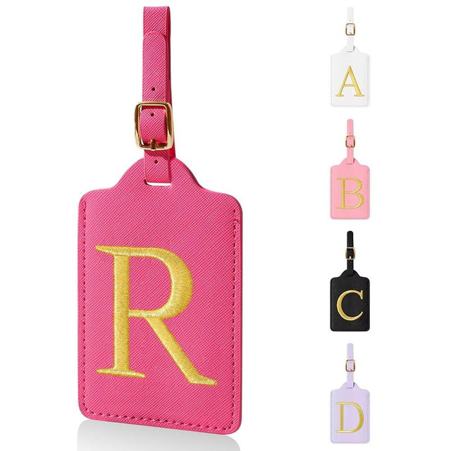 Personalized Initial Luggage Tags for Suitcases,Leather Letter Cute Luggage Tags with Privacy Name Card,Embroidered Monogrammed Travel Bag Backpack Tag Gifts for Women Kids Girls Teens(Rosered-R)