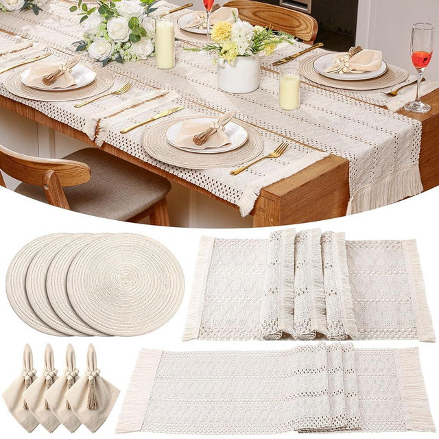 Gandeer 4 Sets Boho Place Mats Set Round Woven Placemats, Cloth Napkins, Wood Bead Napkin Rings, White Table Runner with Tassel and Farmhouse Rustic Placemats Cotton Burlap for Kitchen Table Decor