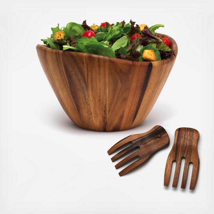 Lipper, Acacia Wave Serving Bowl with Salad Hands Zola