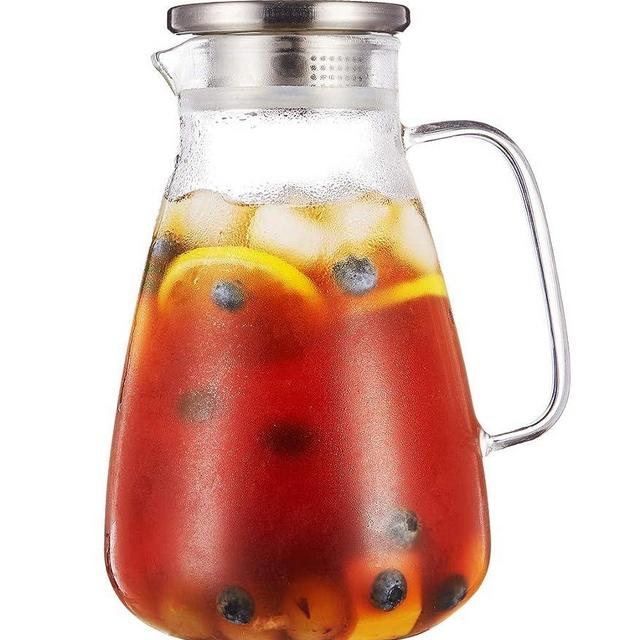 Purefold 70 Ounce Glass Pitcher with Drip-Free Stainless Steel Lid, Hot and Cold Water Carafe, Fruit Tea Coffee Maker, Ice Tea Pitcher, Juice Jar
