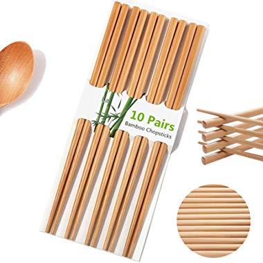 Chopsticks Reusable Chinese Natural Bamboo Chopsticks 9.4"/24cm Long Lightweight Wood Chopstick Set For Eating Cooking -10 Pairs gift Sets Dishwasher Safe Color1(Upgraded Version)