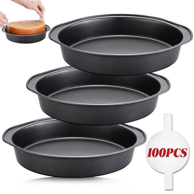 Unokit 8" Round Cake Pan Set of 3, Carbon Steel Cake Baking Pans with 100 PCS Parchment Paper, Nonstick Cake Pans with Handle, Dishwasher Safe