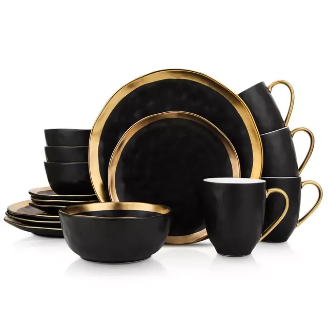 Stone Lain Gold Rim 16-Piece Dinnerware Set in Black/Gold