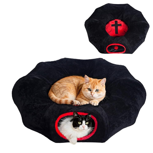 Purrzone Gothic Cat Bed, Coffin Cat Tunnel House with Washable Cushion, Fits Indoor Cats up to 25 lbs, Cute Peekaboo Cave Pet Bed for Kittens, Rabbits, Halloween Goth Design, Black Red