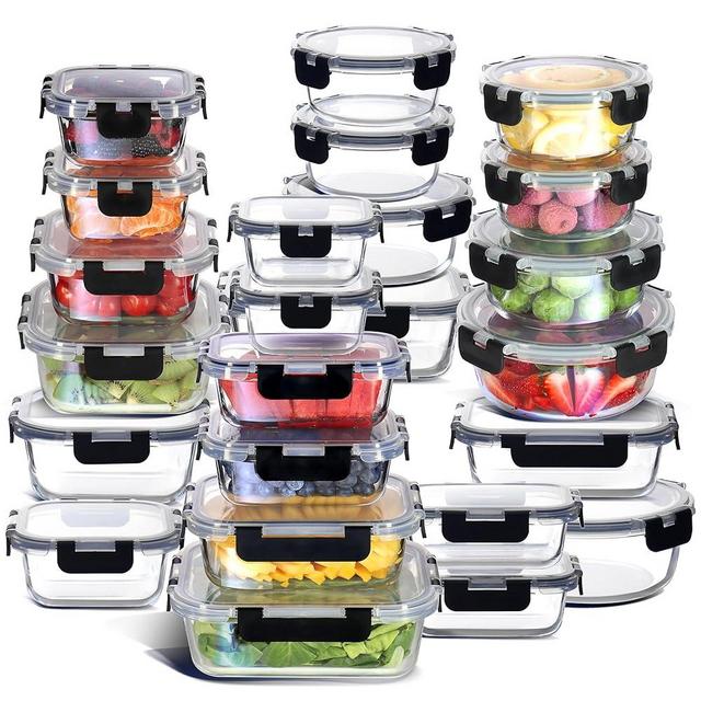 Nestl Glass Food Storage Containers - Microwave Oven Freezer Safe Food Kitchen Storage Containers with Lids Leakproof Airtight - Glass Meal Prep Containers BPA Free- 24 Containers 24 Lids - Black