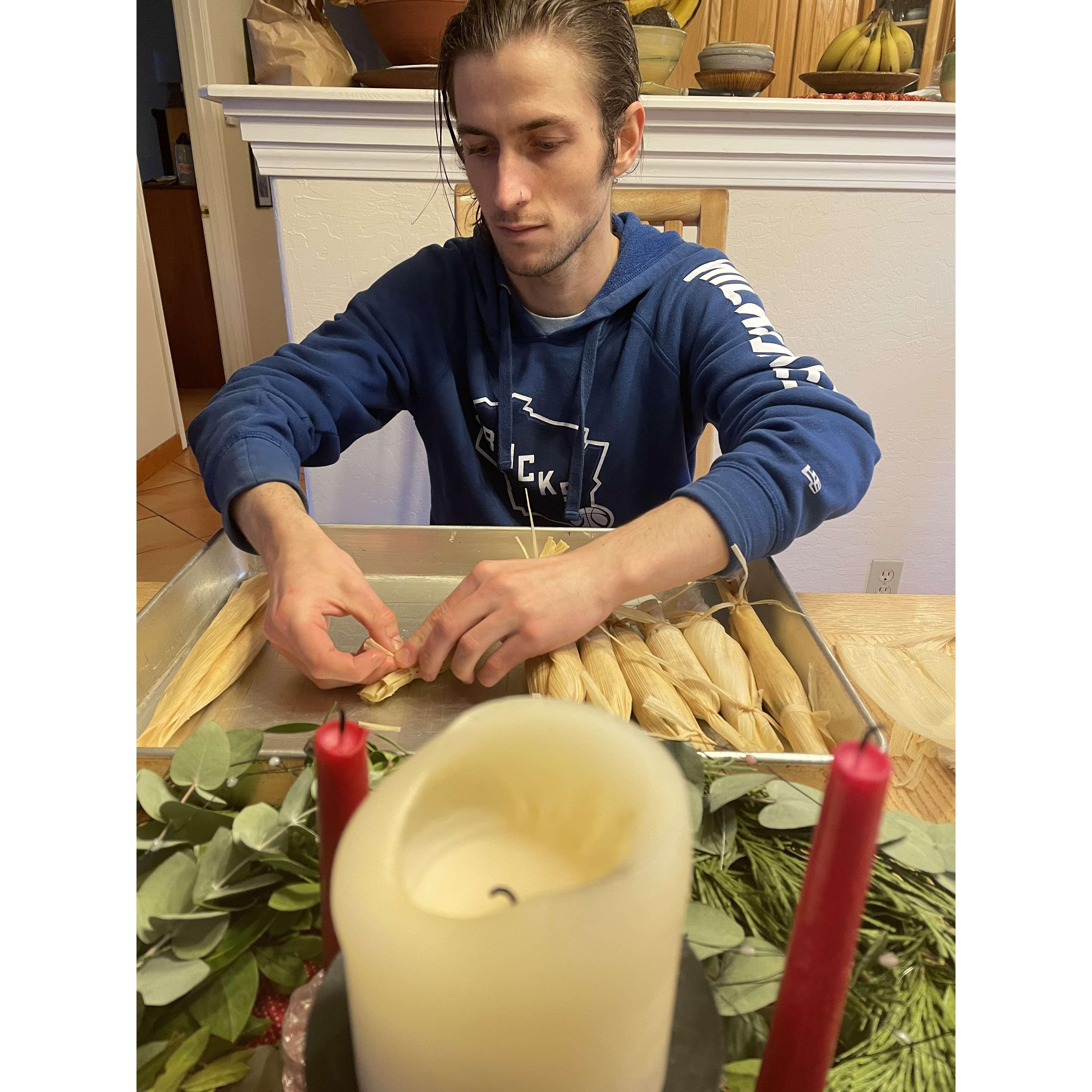 Sam making Tamales during winter break 2021 at Rachel's grandmas house!