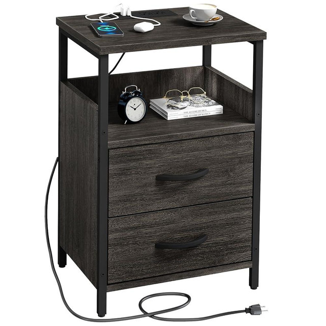 KHLJJU Nightstand with Charging Station, End Table Fabric-Wood 2-in-1 Drawer, Side for Small Spaces, Grey Bedside Tables USB Ports and Outlets Living Room, Bedroom, Office, KHL-BC-Hui-A