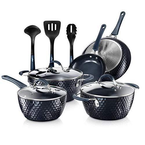 Nutrichef NCCW11DS Nonstick Cookware Excilon Home Kitchen Ware Pots & Pan Set with Saucepan Frying Pans, Cooking Pots, Lids, Utensil PTFE/PFOA/PFOS free, 11 Pcs, Blue