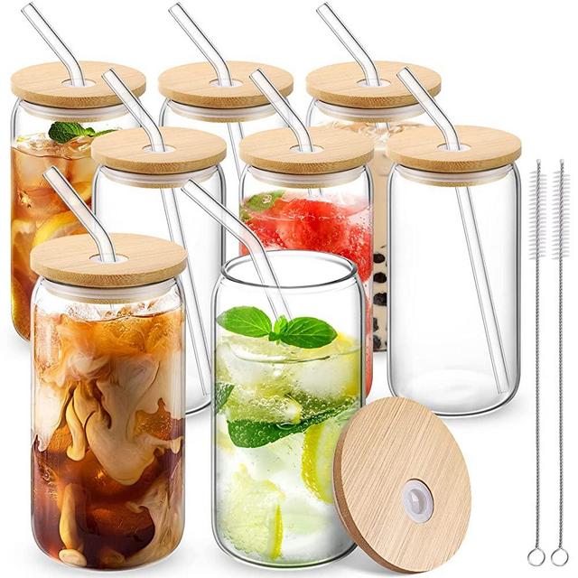 Drinking Glasses with Bamboo Lids and Glass Straw 8pcs Set, 16oz Beer Glasses Can Shaped Glass Cups, Iced Coffee Glasses, Ideal for Whiskey, Soda, Tea, Great Gift + 2 Cleaning Brushes