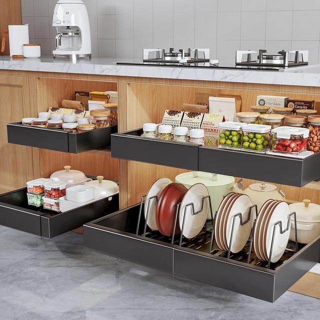 Seinloes 4Pack Expandable Pull Out Cabinet Organizer 21"Deep With Raising Pad for Framed Cabinets,Slide Out Drawers with 4pcs Divider Racks,Roll Out Shelves Adhesive,Adjustable Width 12.05"-20.4"Black