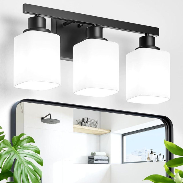 DIKAIDA 3-Light Bathroom Vanity Light,Modern Matte Black Bathroom Light Fixtures with Square Frosted Glass,Wall Sconces Lighting fixtures Over Mirror Restroom, Living Room Hallway