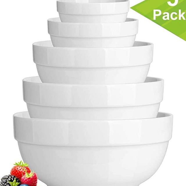 DeeCoo 5 Pcs Ceramic Mixing Serving Bowls Set, White Serving Bowls, Serving Dishes, Large Mixing Bowls, Microwave Safe, Ideal for Cereals, Dessert, Soup, Ice Cream