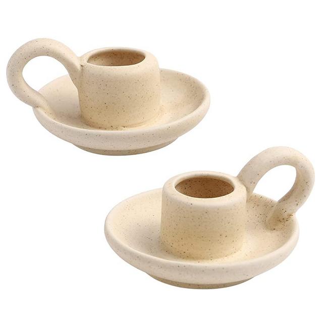 DOITOOL 2Pcs Ceramic Candlestick Holder, Taper Candle Holder with Handle, Nordic Style Candlelight Stand Desktop Ornament ( Beige ) (Beige)