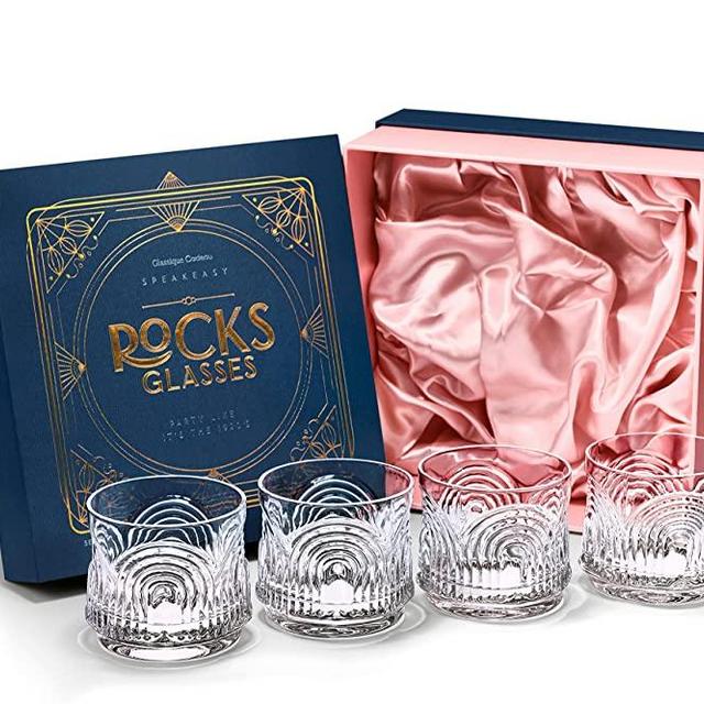 Vintage Art Deco 1920s Lowball Cocktail Glasses | Set of 4 | 9 oz Crystal Short Tumblers for Drinking Classic Bar Drinks | Heavy Base Old Fashioned Rocks Glassware for Women