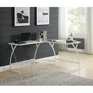 Q-Max L-shaped Modern Home Office Glass Top Computer Desk Corner Writing Desks - Clear Glass & White