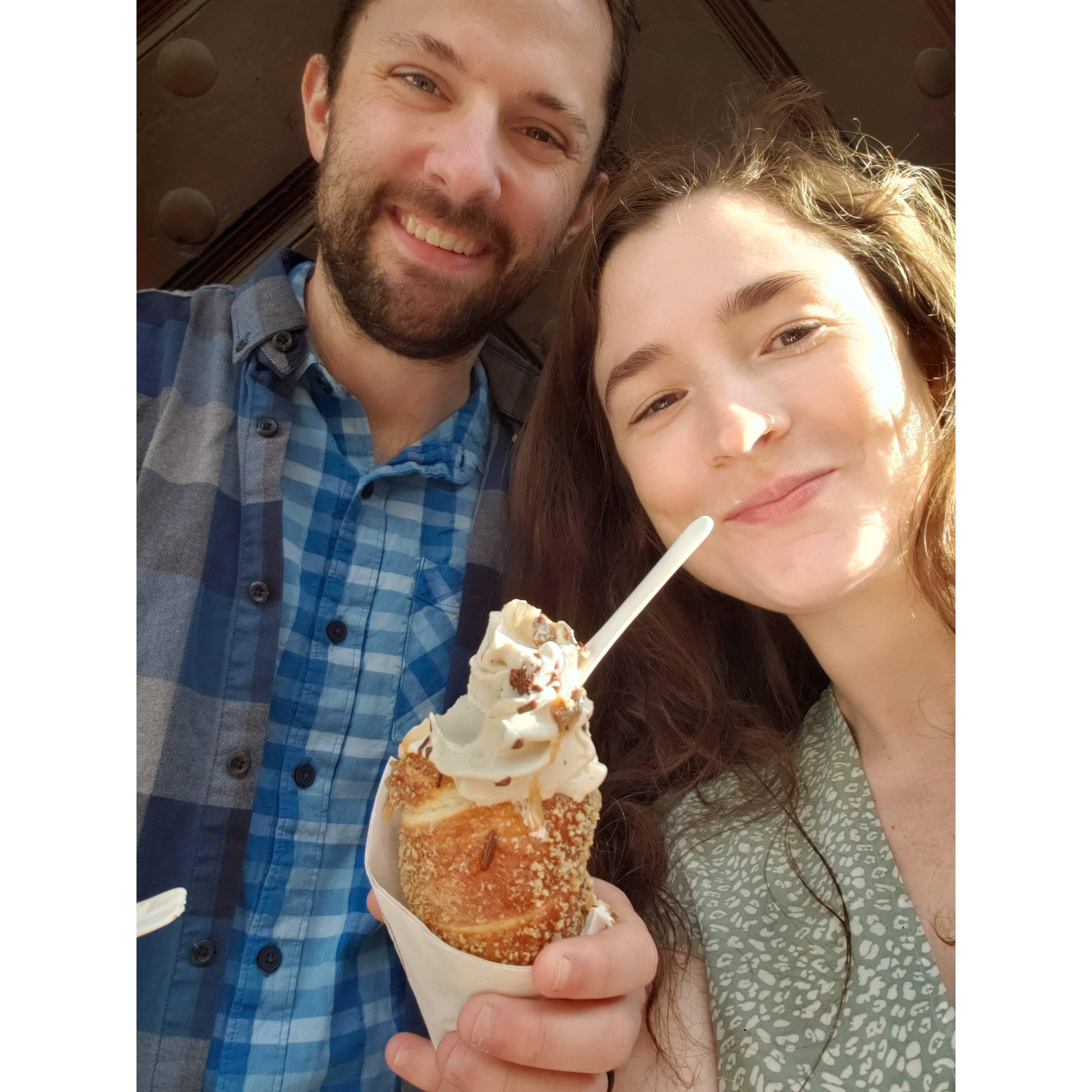 Sharing a trdelník in Prague, May 2022