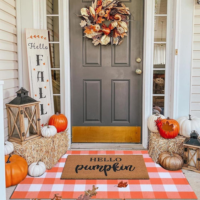 Fall Decor Doormat Combo Set, 100% Coco Coir Welcome Mat + 3' x 5' Orange and White Plaid Rug - Fall Thanksgiving Front Porch Entryway Decor Floor Mat, Indoor Outdoors Autumn Mats Hello Pumpkin