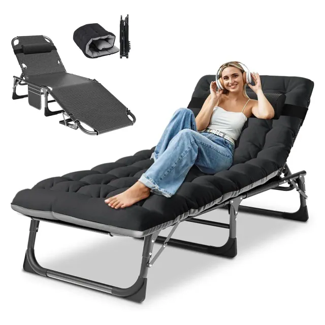 DoCred Heavy Duty 5-Position Folding Chaise Lounge Chair for Outdoor Sunbathing, Pool, Beach & Patio – Black