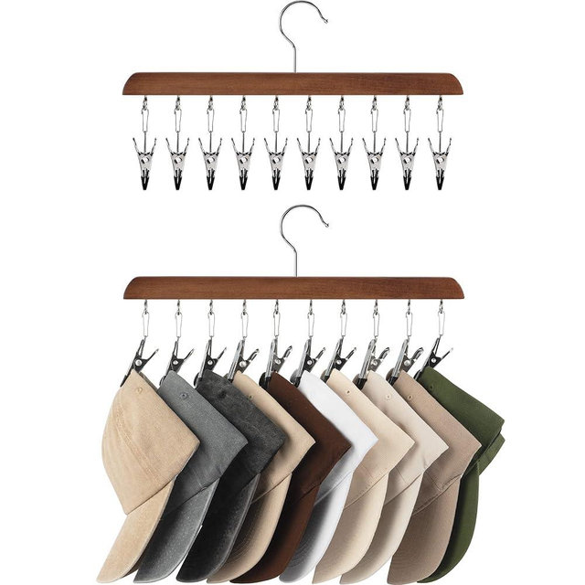 StorageWorks Hat Organizer, Hat Storage for Closet, Hat Racks for Baseball Caps, Set of 2 Cap Organizer with 10 Adjustable Stainless Steel Clips, Fits All Caps, Natural Walnut Color