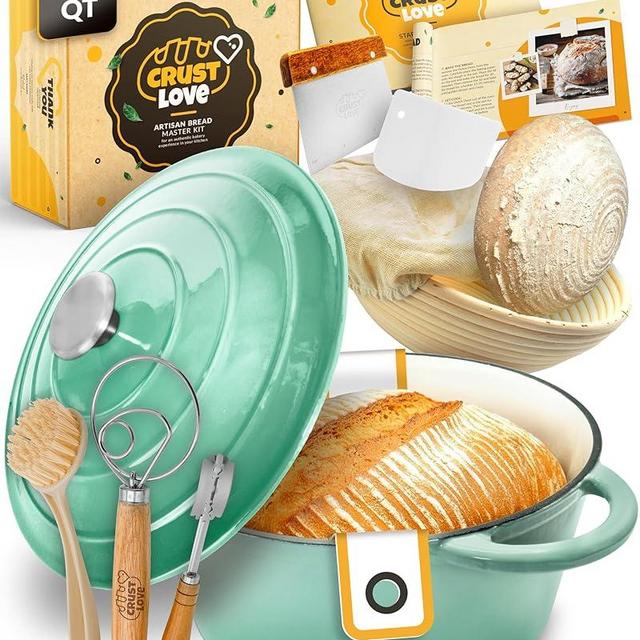 CRUSTLOVE Dutch Oven for Bread Baking - incl. Sourdough Bread-Baking Supplies like Banneton Bread-Proofing Basket - 5QT Enameled Cast Iron Bread-Oven with Lid, Baking Pan, Scoring Tool Lame