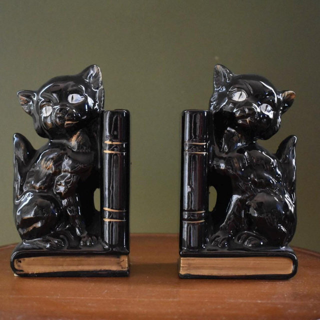 Vintage Black Cat Bookends and Penholders | Midcentury Ceramic Figurine Pair | Retro Home Office or Bookshelf Decor