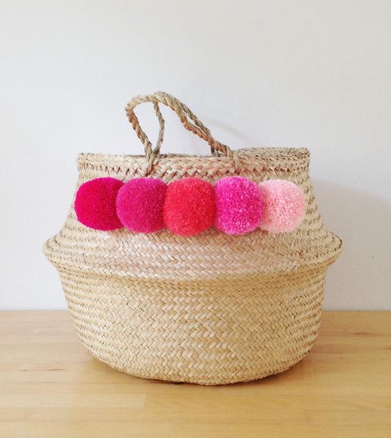 Medium & Large Pom Pom Sea Grass Belly Basket Pink Ombre Panier Boule Nursery Toy Home Storage Planter Straw Bag Tote