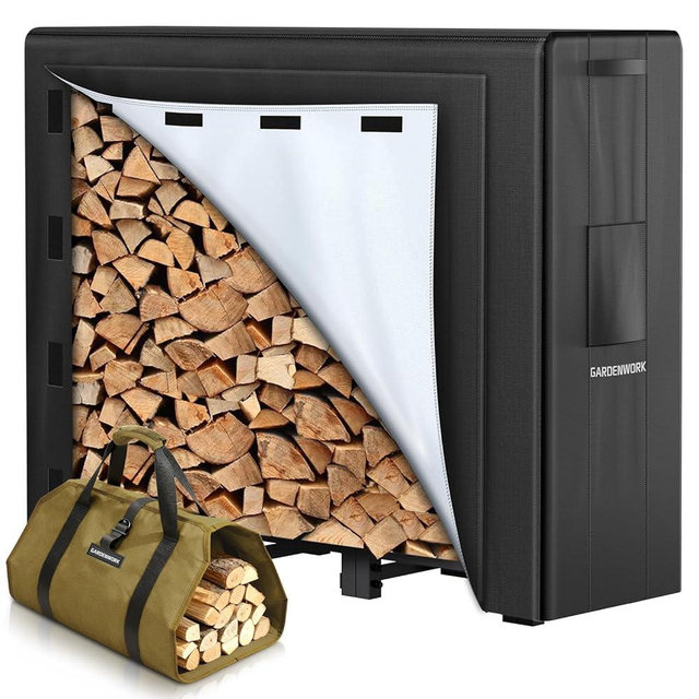 GARDENWORK 4FT Firewood Rack Outdoor with Cover,Heavy Duty Fire Wood Storage Racks Outdoor with 600D Oxford Fabric Cover,Adjustable Firewood Holder Indoor with Firewood Bag