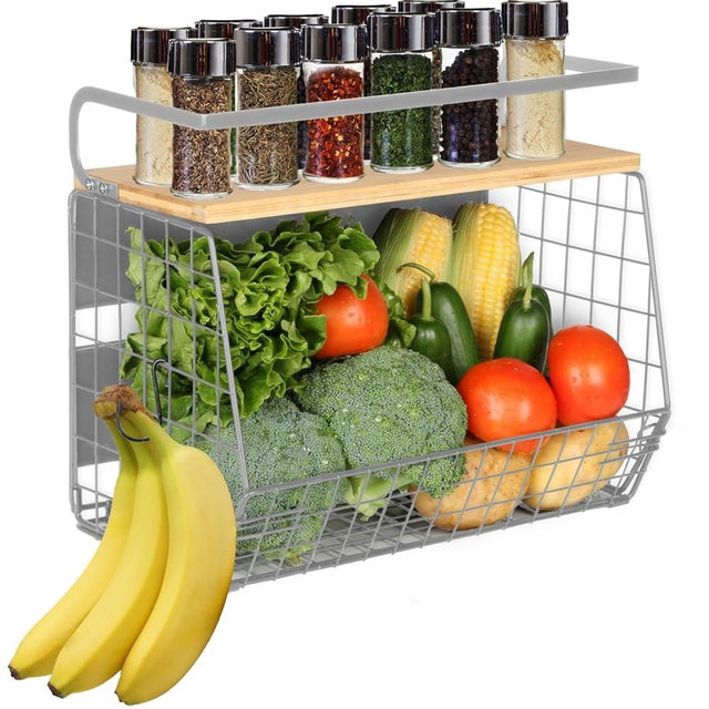 Magnetic Shelf for Fridge with Wood Lid, Fruit Potato and Onion Storage Bins, Pantry Organizers & Storage, Large Container Magnetic Spice Rack for Refrigerator, Kitchen Counter, Cabinet (1, Silver)