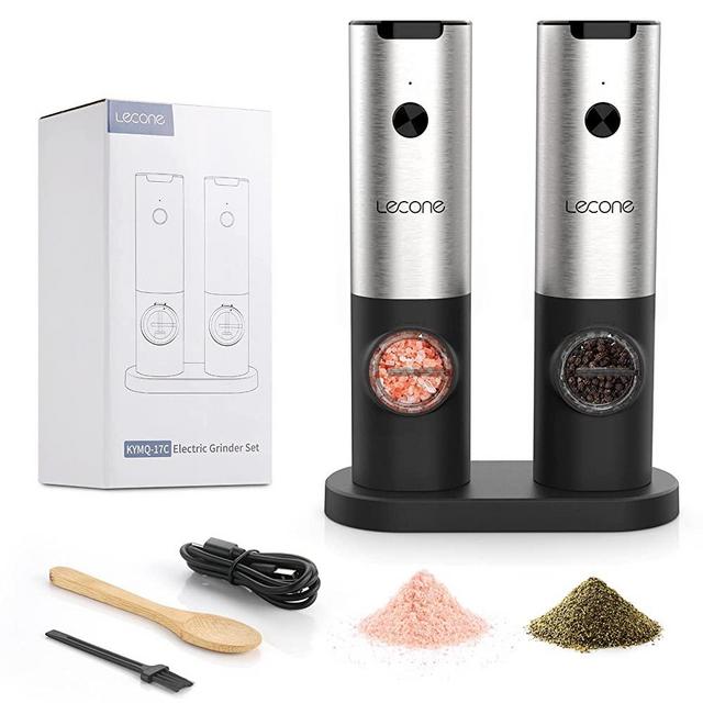 Electric Pepper Mill, Lecone Automatic Salt and Pepper Grinder Set Large Capacity with Charging Base USB Rechargeable LED Light Adjustable Coarseness Easy Refill for Spice Restaurant Kitchen BBQ