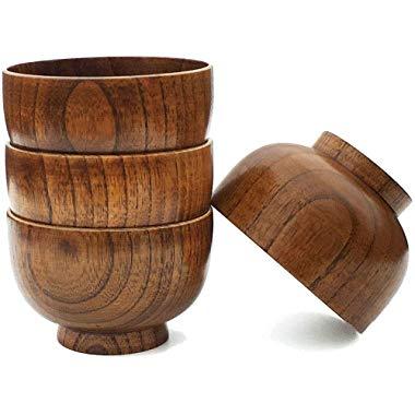 Cospring Handmade Wood Bowl, Mug, for Rice, Soup, Dip, Coffee, Tea, Decoration (4PCS Jujube Bowls, S: 4-1/8 inch Dia by 2-5/8 inch High)