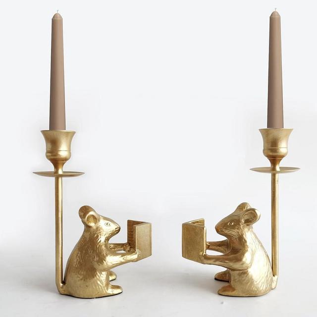 Mouse Reading Taper Candle Holders, Creative Animal Candlestick Holders, Centerpiece Table Decorative Candlelight, Dinner Metal Candle Stand, Home Decor