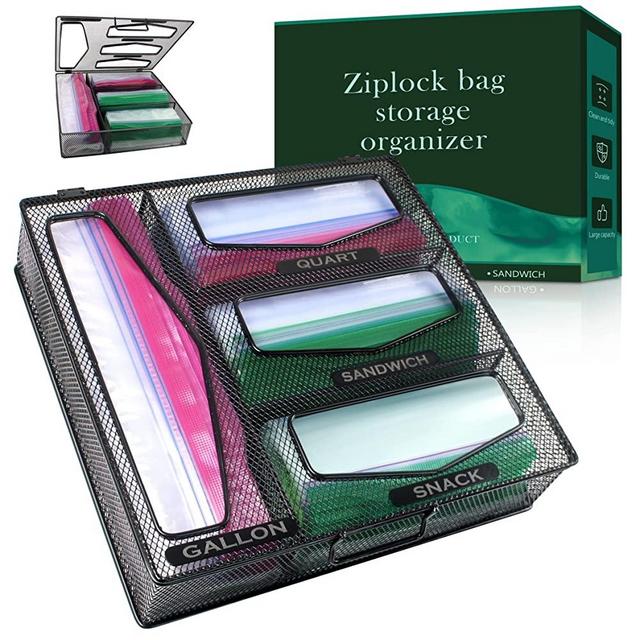FLRUL Black Mesh Metal Kitchen Ziplock Bag Slider Bag Organizer, Flip-Top Lid Food Storage Bags Dispenser Holder for Pantry Drawer, Compatible with Ziploc Brand for Gallon Quart Sandwich Snack Bags