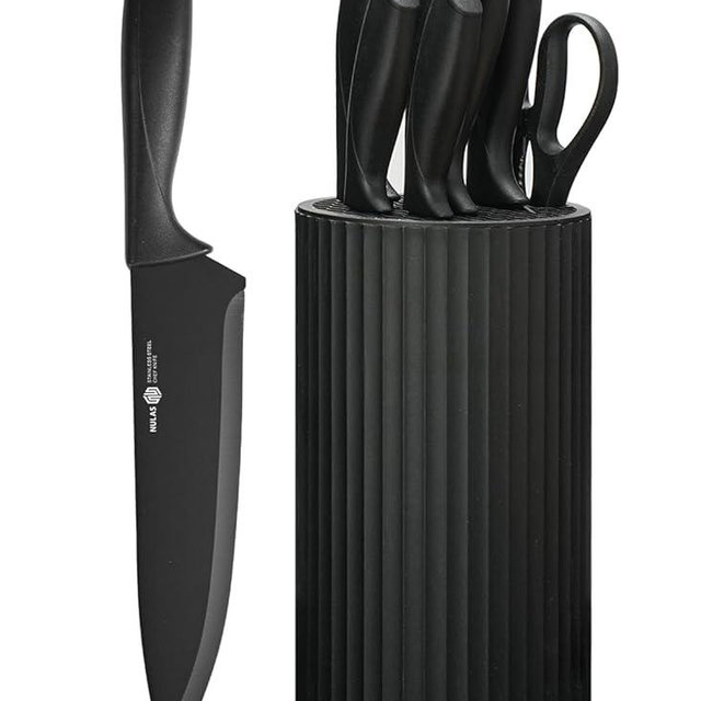 NULAS Knife Set, 8-Piece Kitchen Knife Set with Universal Block - Anti-Rust Chef Knives, Ergonomic Design, Dishwasher Safe (Black)