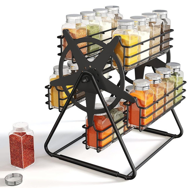 Rotating Spice Rack Organizer for Large Cabinets Kitchen Countertop with Thicken Spice Jars and Labels, Spinning Like Ferris-Wheel, Metal (M)