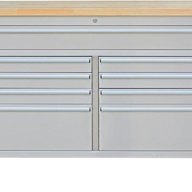 PeakPursuit 61" Rolling Tool Chest with 9 Drawers, Solid Rubber Wood Workbench Top, Locking Wheels & Key Lock, Mobile Garage Tool Cabinet for Workshop Storage & Organization, Silver