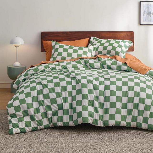 Bedsure Comforter Set Queen Size - Checkered Bedding Comforter Set for Boys, 3 Pieces, 1 Soft Green Comforter and 2 Pillow Shams