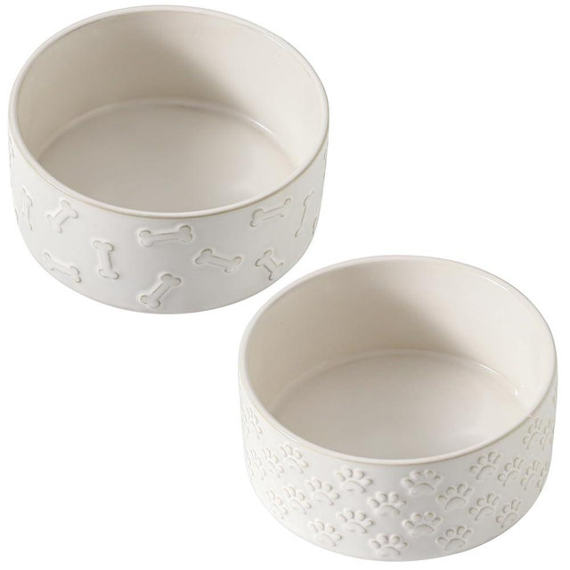 UBEE Ceramic Dog Bowl Set of 2, 6.1 inch Dog Food Bowl Dish with Bone Paw Pattern, Pet Food Water Dish Feeding for Small and Meidum Dogs and Large Cat, White