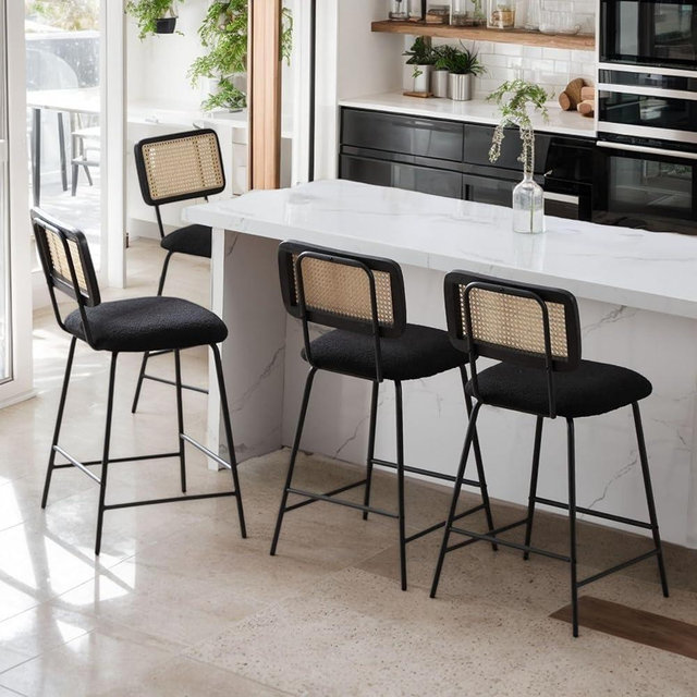 Hyfirm Set of 4 Rattan Bar Stools, 26 Inch Counter Height with Cane Back and Boucle Seat, Metal Frame, Black for Kitchen or Home Bar