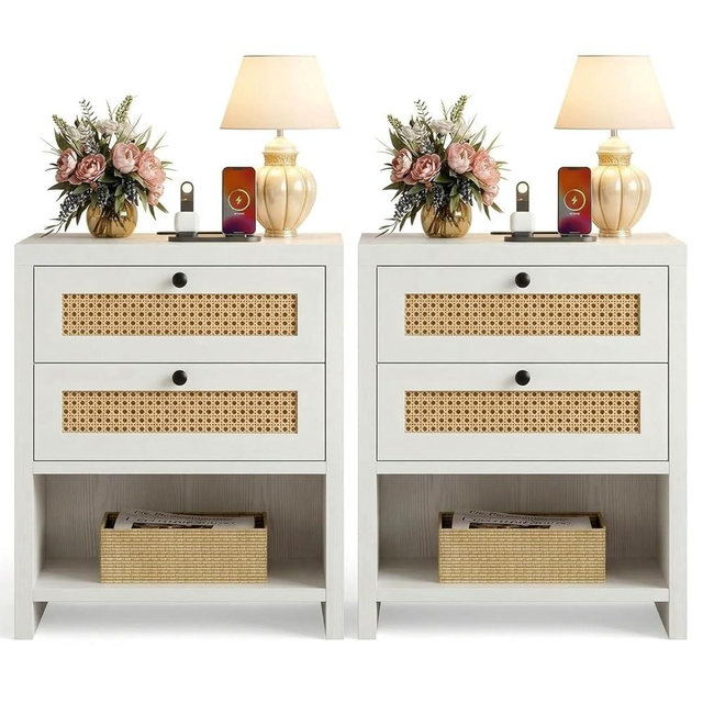 LIKIMIO Rattan Night Stand, 23inch Large Nightstands Set of 2, Night Stand with Charging Station, Boho Side Table with 2 Drawers and Open Shelf, Bedside Table for Bedroom, White Oak