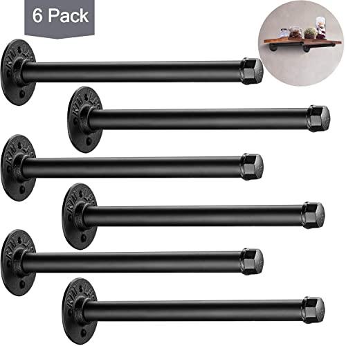 Industrial Black Iron Pipe Shelf Brackets 6 Pack, Elibbren 10.3 Inch Vintage Wall Mount DIY Shelving Brackets, Rustic Home Pipe Decor