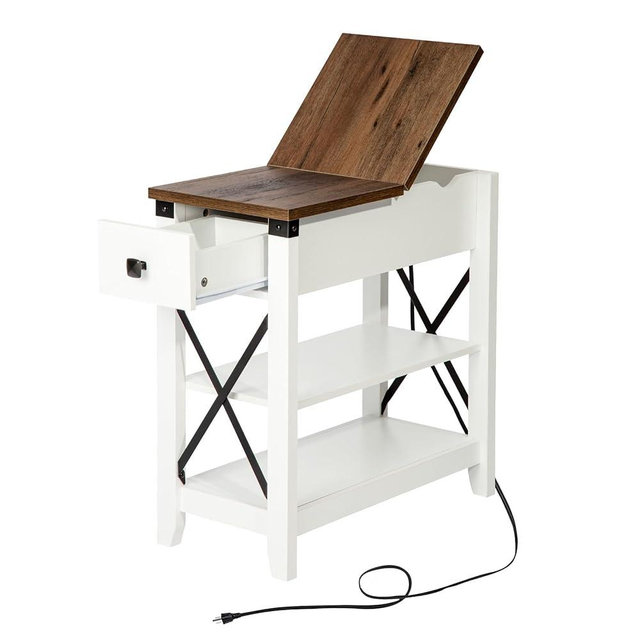 Awescuti Narrow End Table with Charging Station - Farmhouse Slim Side Table, w/USB Ports Power Outlets, Nightstand w/Flip Top Storage Drawer, for Small Spaces Living Room Bedroom, Brown White