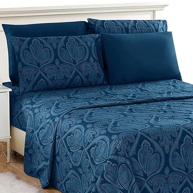 Lux Decor Collection Bed Sheets - 6 Pc Queen Size Sheets - 1800 Thread Count Brushed Microfiber Sheets - 16 Inches Deep Pocket Bedding Sheets & Pillowcases (Queen, Paisley Navy Blue)