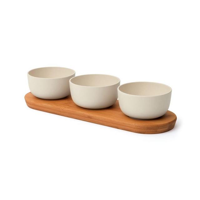 Leo 3 Piece Bowl Set, w Bamboo Tray, 0.29qt Ea, White