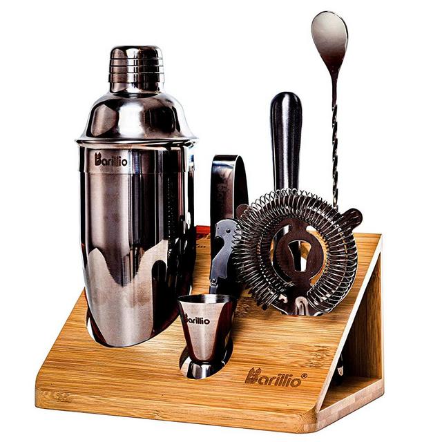 Black Elite Mixology Bartender Kit Cocktail Shaker Set by Barillio: Black Drink Mixer Set with Bar Tools, Sleek Bamboo Stand, Velvet Carry Bag & Recipes Booklet Small Bartender Kit Black