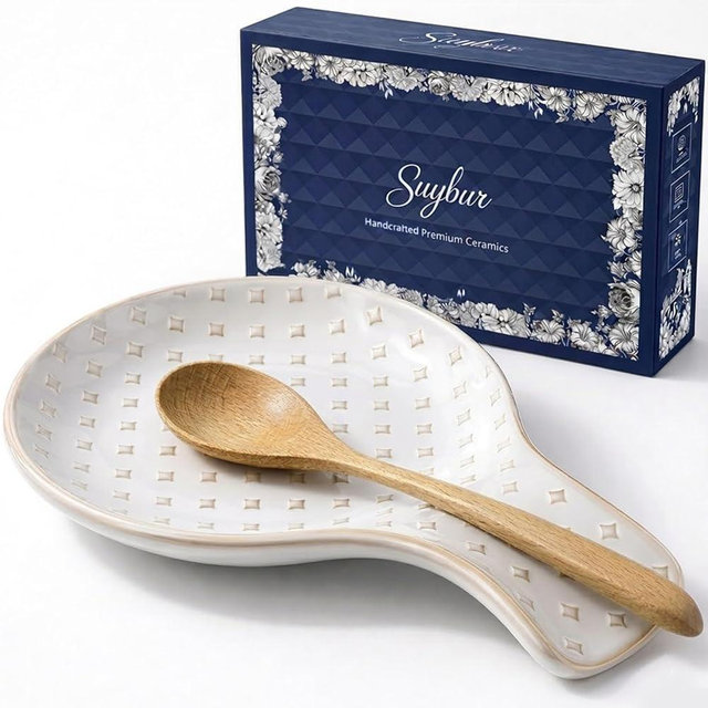 Suybur Ceramic Spoon Rest for Stove Top, Farmhouse Cooking Spoon Holder for Kitchen Counter Decor, Cooking Utensil Rest for Spoons, Ladles and Spatulas (Diamond Design)