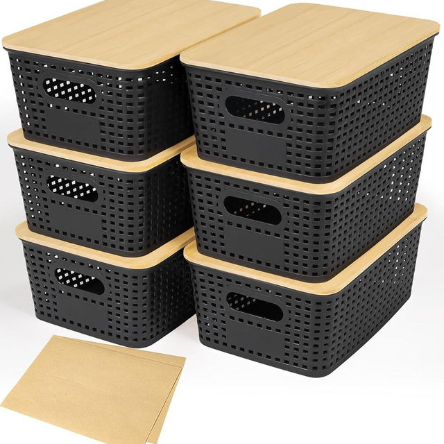 Criusia 6 Pack Plastic Storage Baskets With Bamboo Lid, Stackable Storage Baskets for Organizing Desktop Closet Shelves Drawers Pantry Organization Office Playroom Classroom (Black)