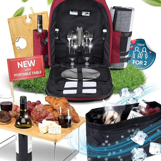 PL Harmony Picnic Backpack for 2 - All-in-One for Couples [with Picnic Blanket & Portable Wine Table] - Waterproof 32L - Insulated Picnic Set - Cooler Pouch & Wine Holder - Dating, Outdoor & Camping