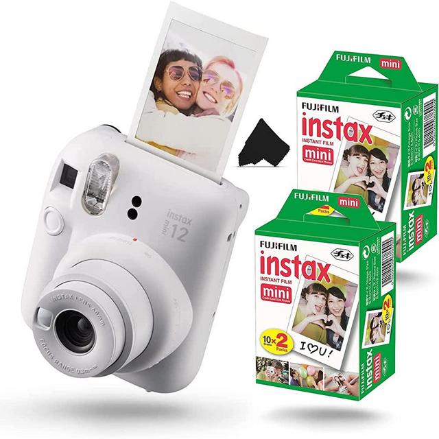 Fujifilm Instax Mini 12 Instant Camera, Clay White Camera with 40 Photo Sheets, Cleaning Cloth, and App, Portable, Easy to Use, Automatic Settings, Front Mirror for Selfies, 2 AA Batteries