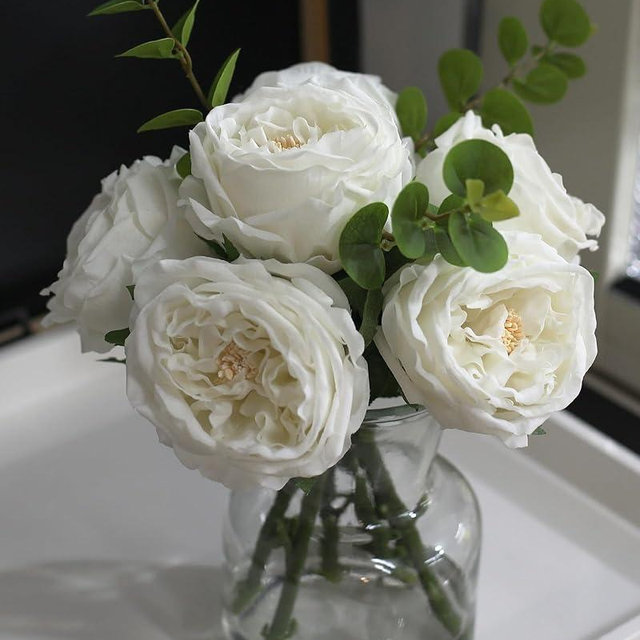 CHASMILE Artificial Flowers with White Roses in Vase, Fix Lifelike Fake Flowers in Vase with Artificial Water, Faux Flower Arrangements for Dining Table Centerpiece Decor